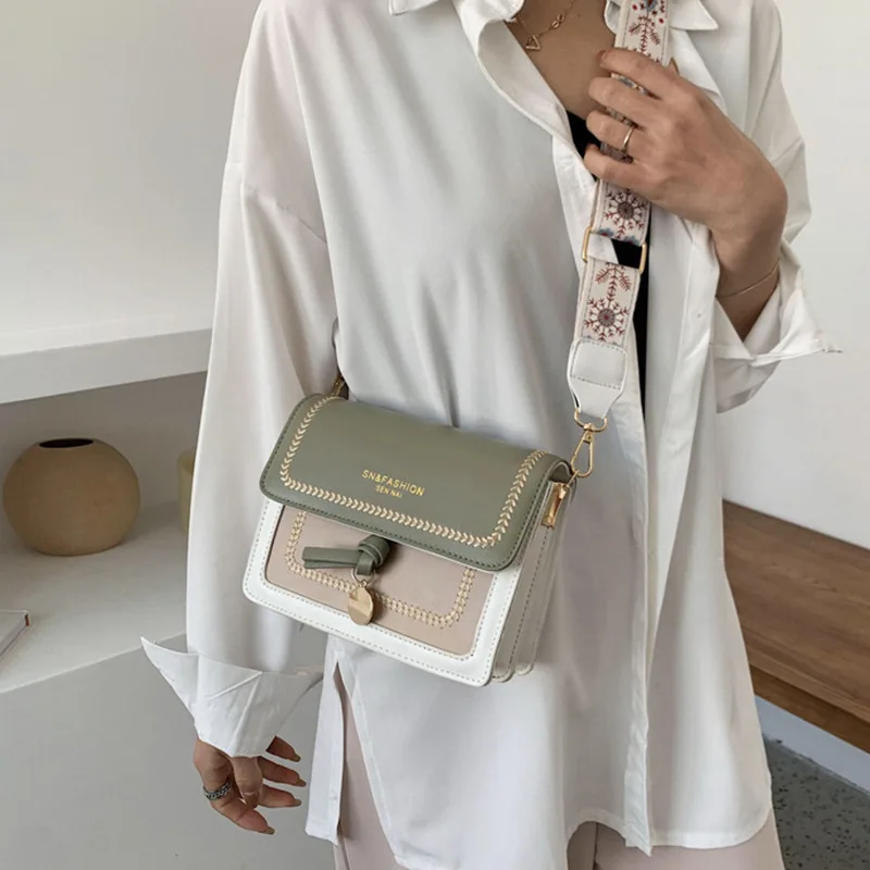 

Fashion Embroidered Thread Women Shoulder Bags Contrasting Color With Wide Textured Straps Crossbody Bags Female Travel Handbags