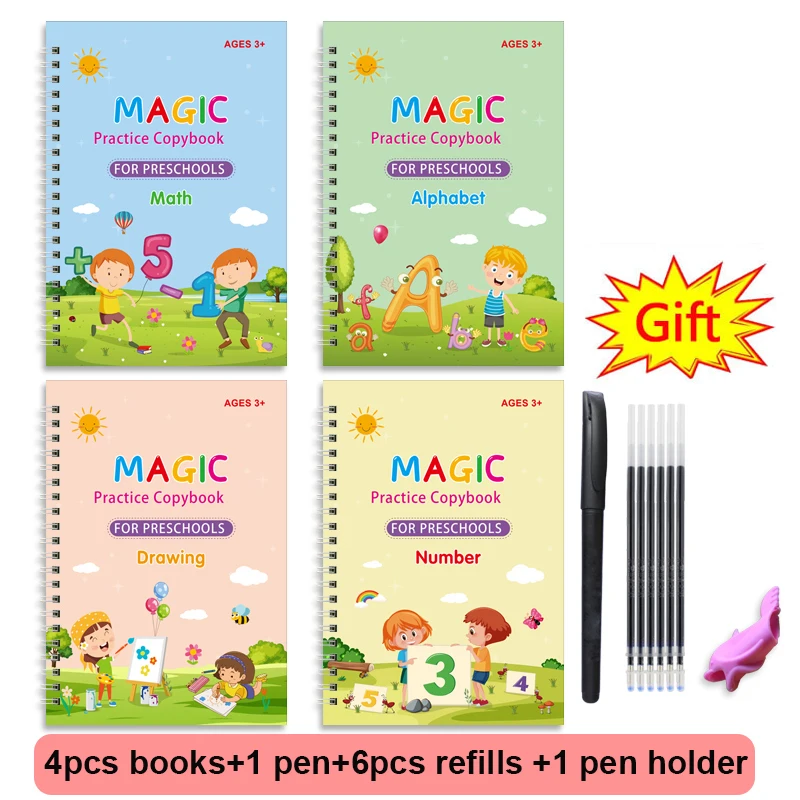 

4 Books Magic Practice Book Reusable Free Wiping Children's Toy Writing Sticker English Copybook For Calligraphy Montessori Toys