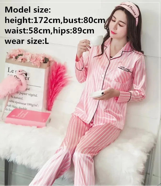 Pink Women's Pajama Set Silk Striped Pyjama Women Sleepwear Autumn Winter Homewear Robe Long Sleeve Nightwear Pjs | Женская одежда