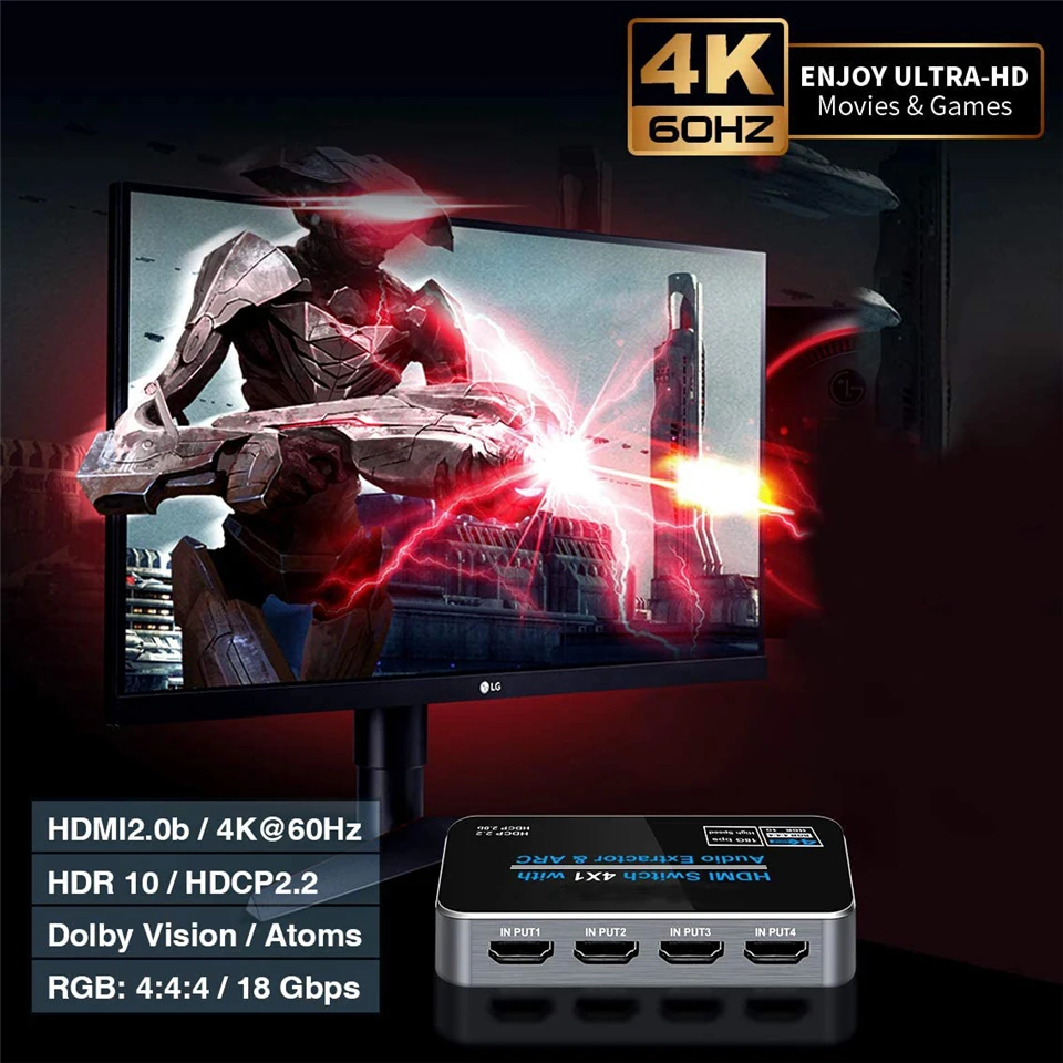 4K HDMI Коммутатор 2 0 Переключатель аудио экстрактор HDR ARC сплиттер 4X1 с пультом