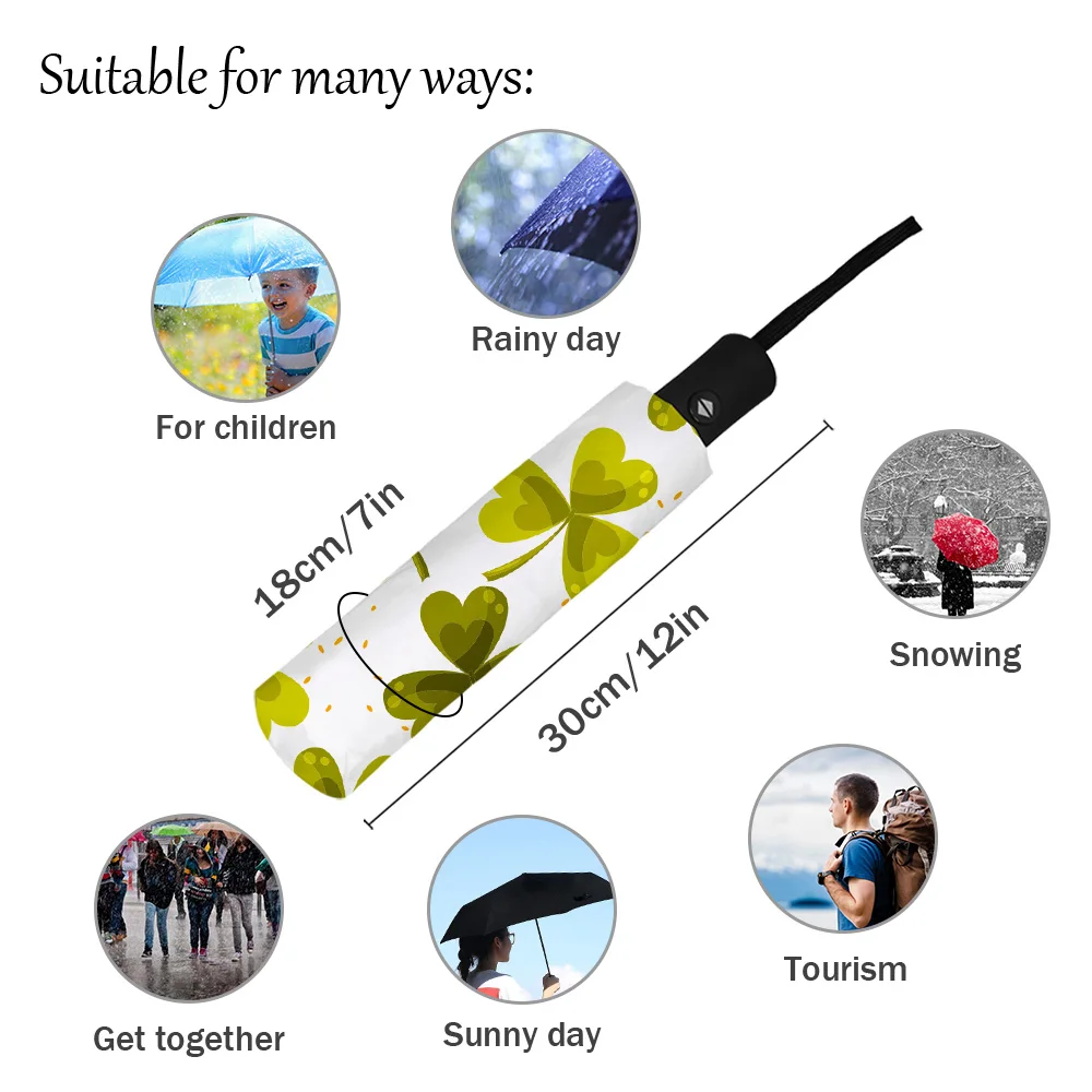 Yellow Green Clover Design Three-folding Umbrella Wind Resistant Folding Fully-automatic Sunny and Rainy |