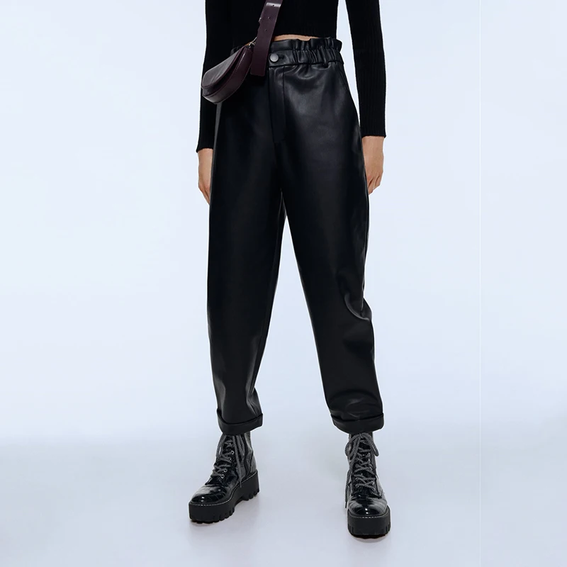 OMIKRON/Новые Модные Винтажные широкие брюки из искусственной кожи с карманами и