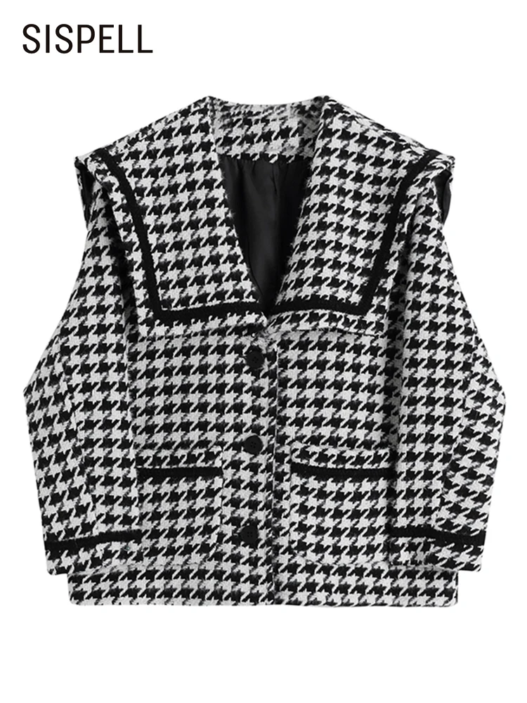 

SISPELL Korean Fashion Houndstooth Jacket For Women V Neck Long Sleeve Patchwork Two Tone Loose Fashion Coat Female Autumn Style