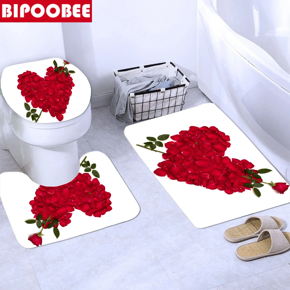 Занавеска для душа с 3D рисунком красной розы влюбленных Противоскользящий