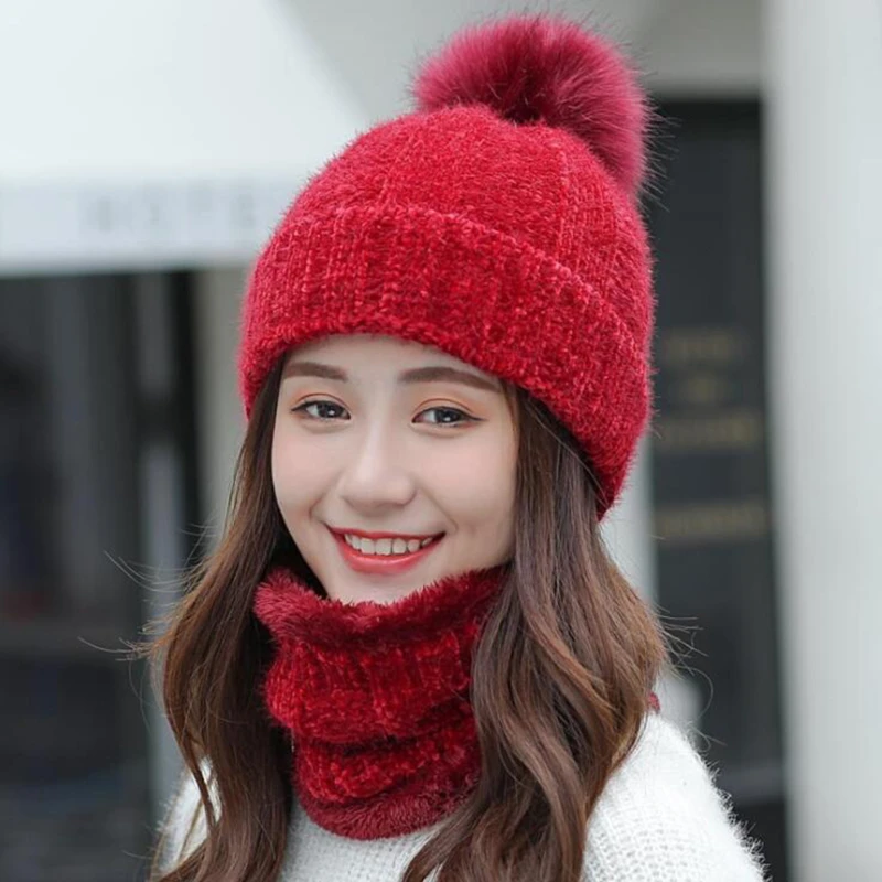

Brand New Winter Hat Women Velvet Thick Warm Skullies Beanie Hats Lady Chenille Knit Hat Bib Female Outdoor Sets 2 Wool Caps