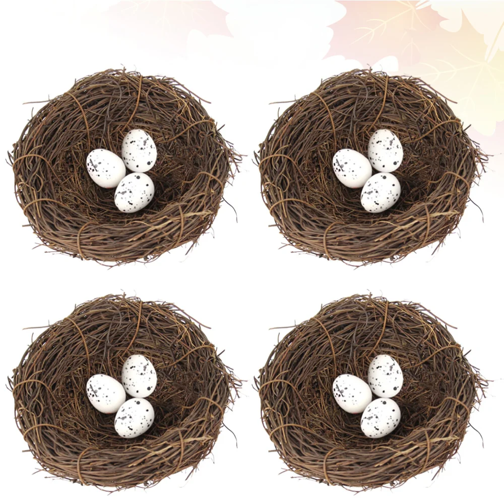 

16pcs Simulation Rattan Bird Nest Easter Bird Egg Ornament Party DIY Decor (4pcs 10cm Bird Nest, 12pcs Bird Eggs)