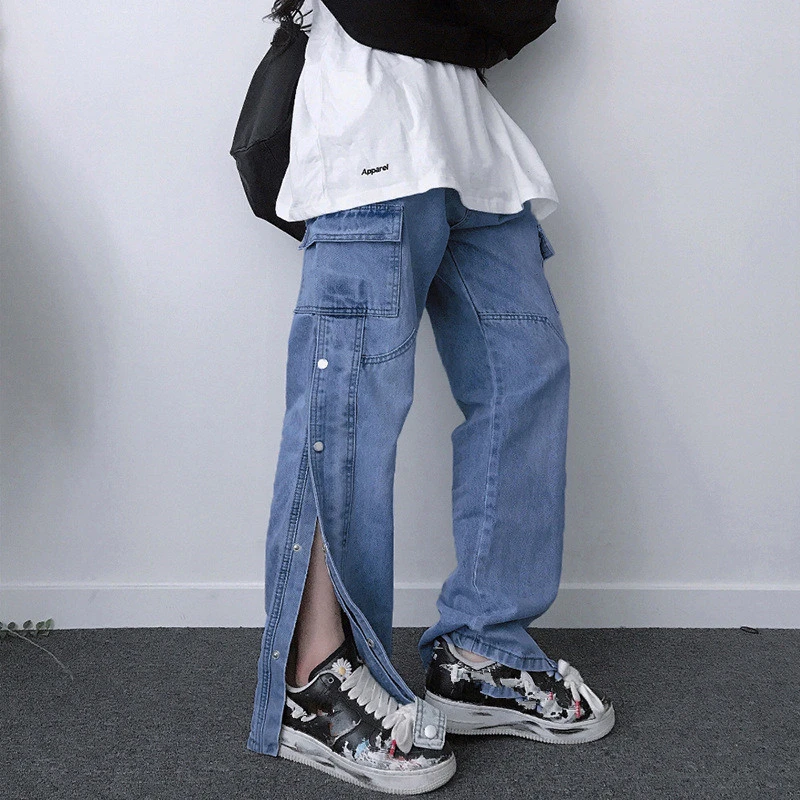 

Women Jeans Pockets Buttons Wide Leg Denim Trousers High Waist Jeans Y2k Pants Mom Jeans Vintage Jeans Cargo Pants Baggy Jeans