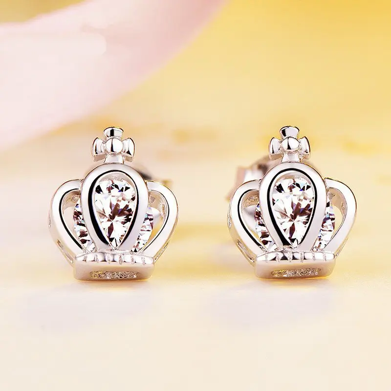 

925 Sterling Silver Zircon Crown Stud Earring For Women Girls Elegant Wedding Jewelry Pendientes Bijoux Femme eh346