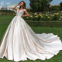 vestido de noiva flowers princess wedding dress ball luxury short sleeve bridal robe chapel train satin robe fille mariage