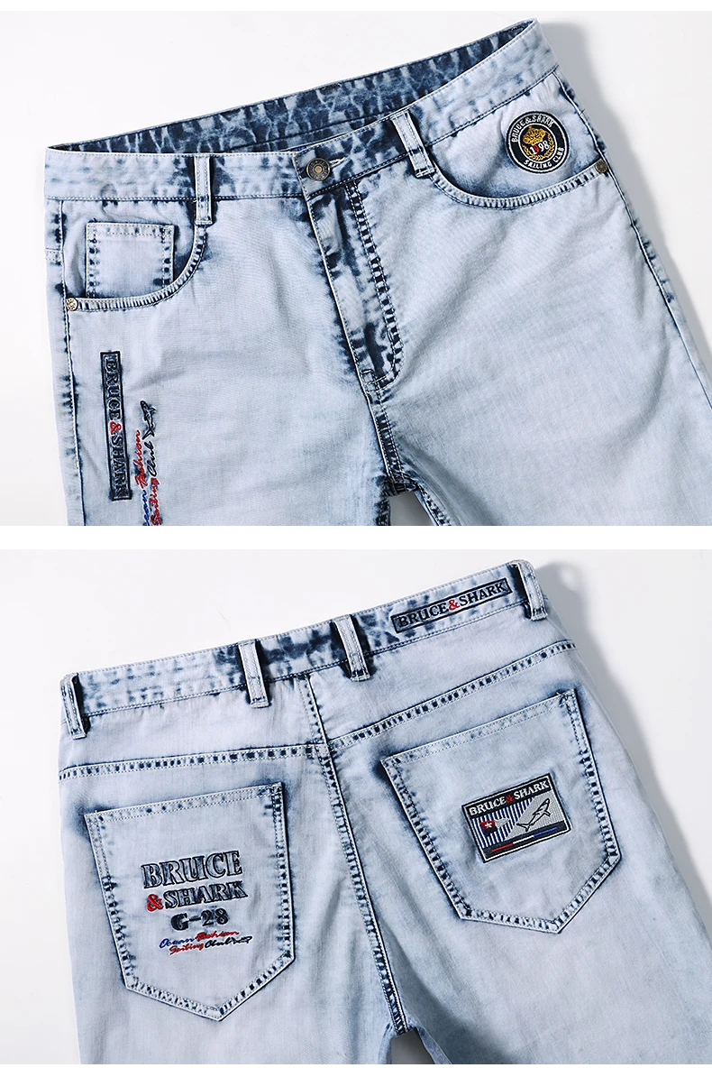 Джинсы мужские прямые с вышивкой брюки из денима тонкие смягчающие хлопковые