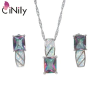 cinily created white fire opal silver plated wholesale for women jewelry wedding pendant necklace stud earring jewelry set ot174