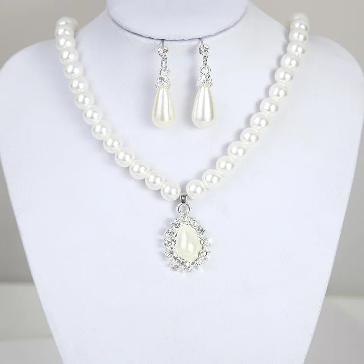 

1set Elegant Bridal Jewelry Sets Pearl Crystal Drop Earrings Chain Necklace Wedding Party Jewelry Set
