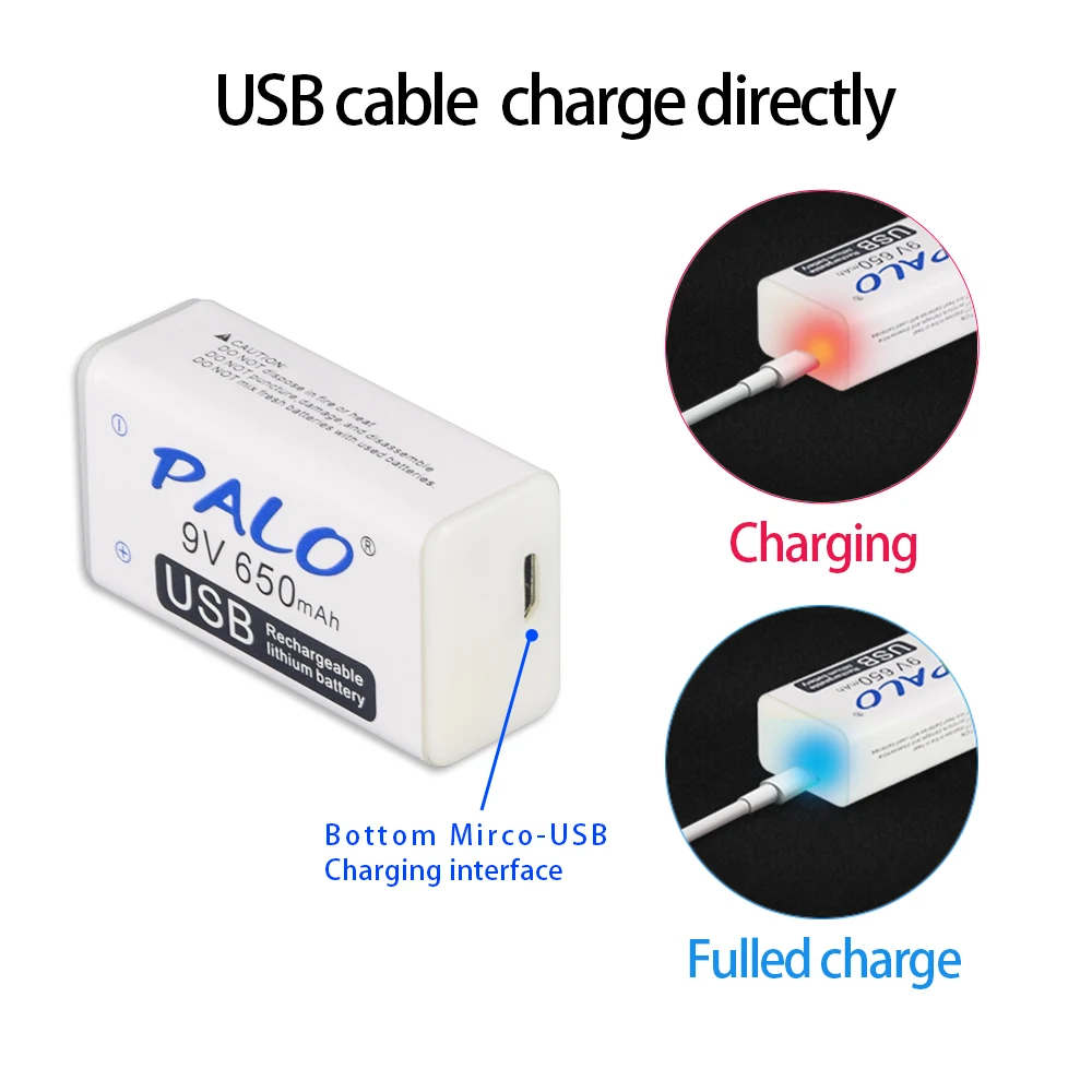 Литий-ионный аккумулятор PALO micro USB 9 в 6F22 В литиевый 650 мА · ч быстрая зарядка