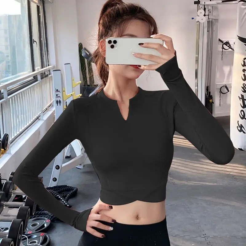 

Autumn Winter Celebrities Sexy Tight-Fitting Sports Tops Women Elastic Thin Quick-Drying Yoga Long-Sleeved Running Fitness