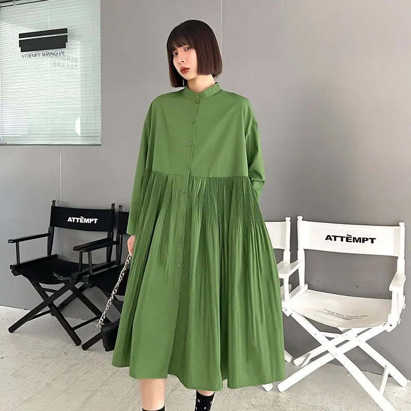 

Japanese Simple Style Dress Female Autumn 2021 New Loose And Thin Shirt Stitching Pleated Stand-up Collar Skirt