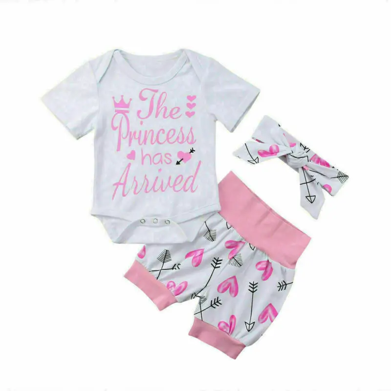 

Summer Toddler Baby Girls Cotton Tops Romper+Shorts Pants+Headband Outfits