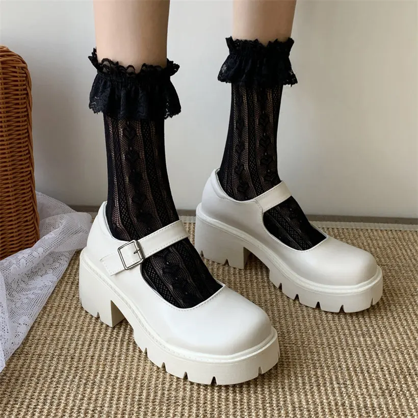 

white Lolita mary jane shoes Japanese Students JK Female High Heel Uniform College Girl Shoes Platform Mary Janes Vintage 2022