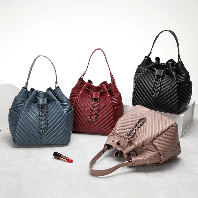 

HPE Women Pleated Sheepskin Genuine Leather Top Handle Bags Fashion Adjustable Chain Shoulder Bags Designer Female Handbag