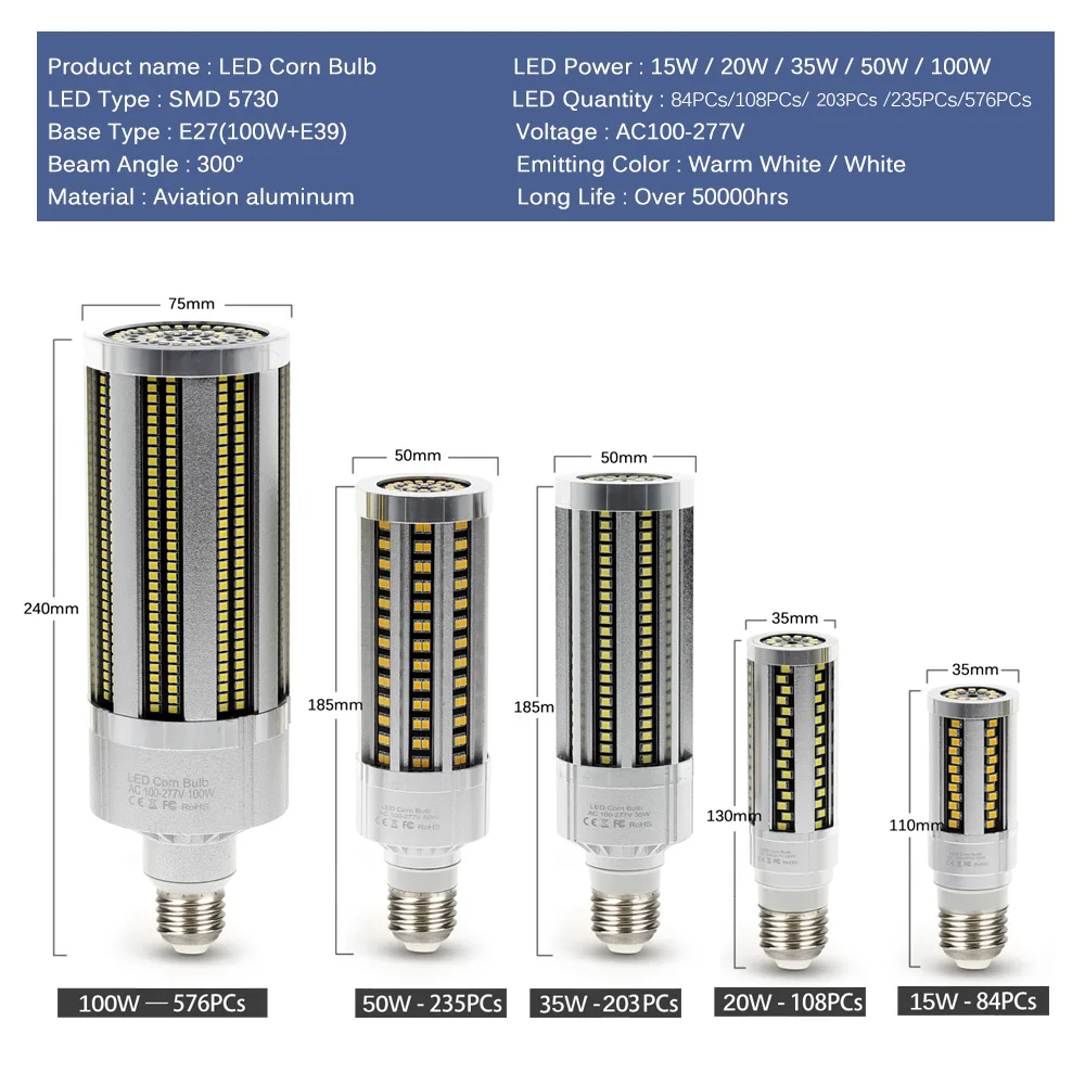 

High Quality LED Bulb Whole Body Metal Hight Brightness E27 LED Corn Lamp AC85-265V 20W 35W 50W 100W LED Commercial Lighting