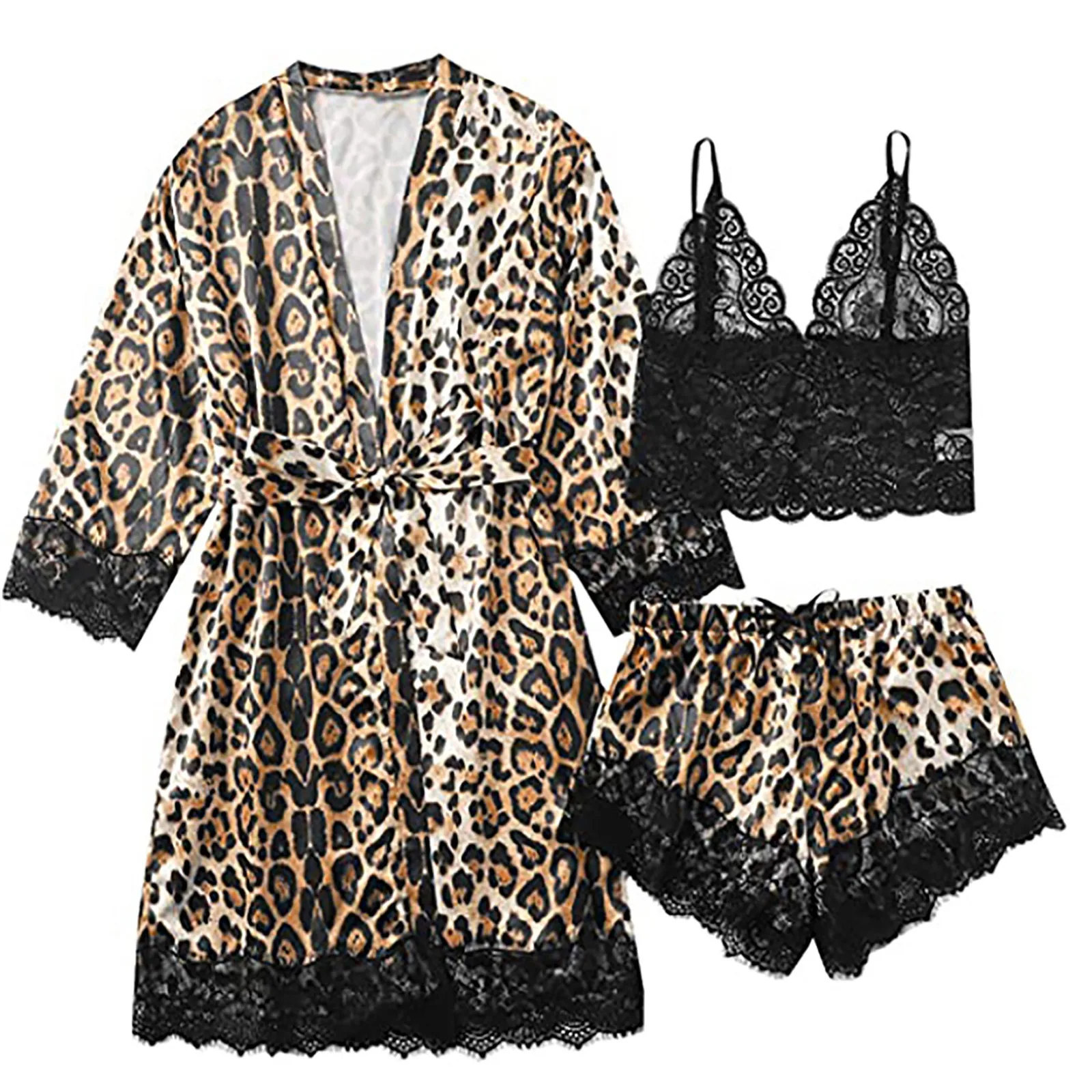 

Plus Size Sleepwear Women's Pajamas Sets Satin Lace Patchwork Women's Home Wear Leopard Print Bandage Female Sets Nightwear