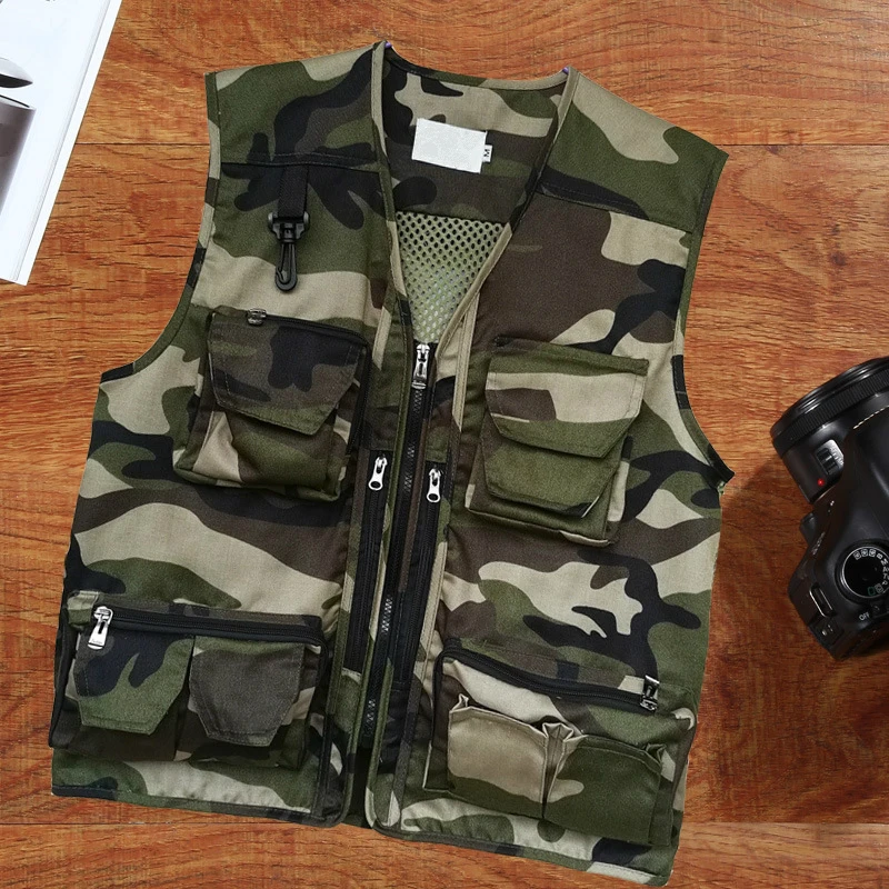 Мужской Камуфляжный жилет для охоты рыбалки много карманов на молнии без рукавов