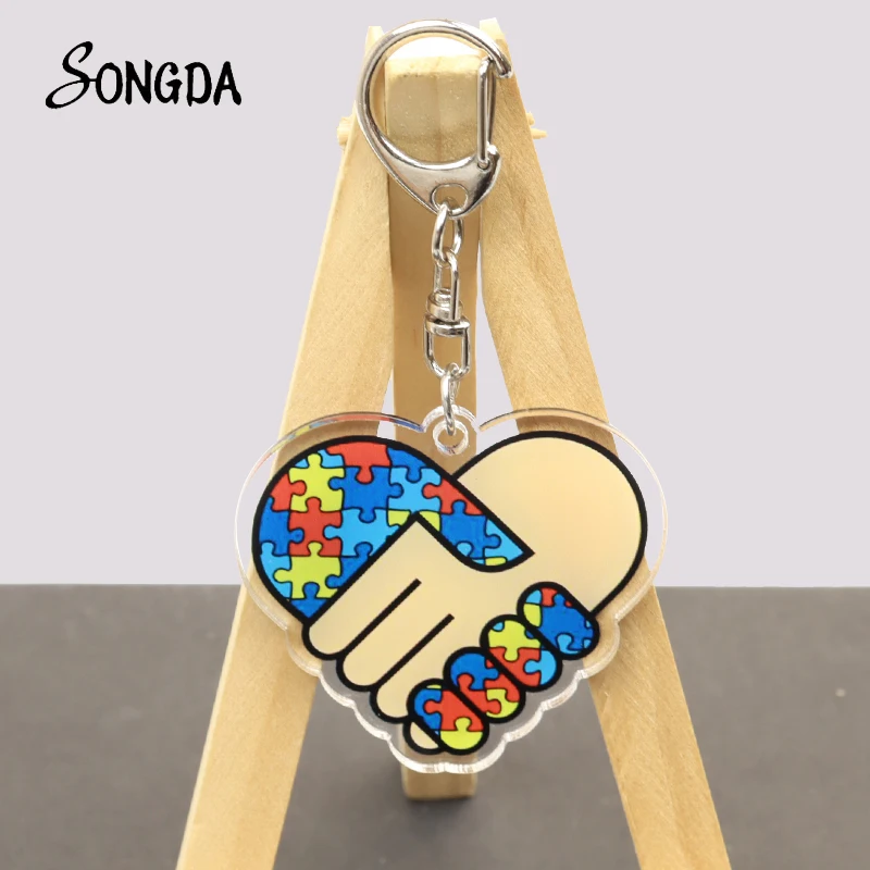 

Autism Awareness Acrylic Keychains Holder Red Ribbon Puzzle Love Key Chains Car Bag Keyrings Unisex Jewelry Accessories Gifts