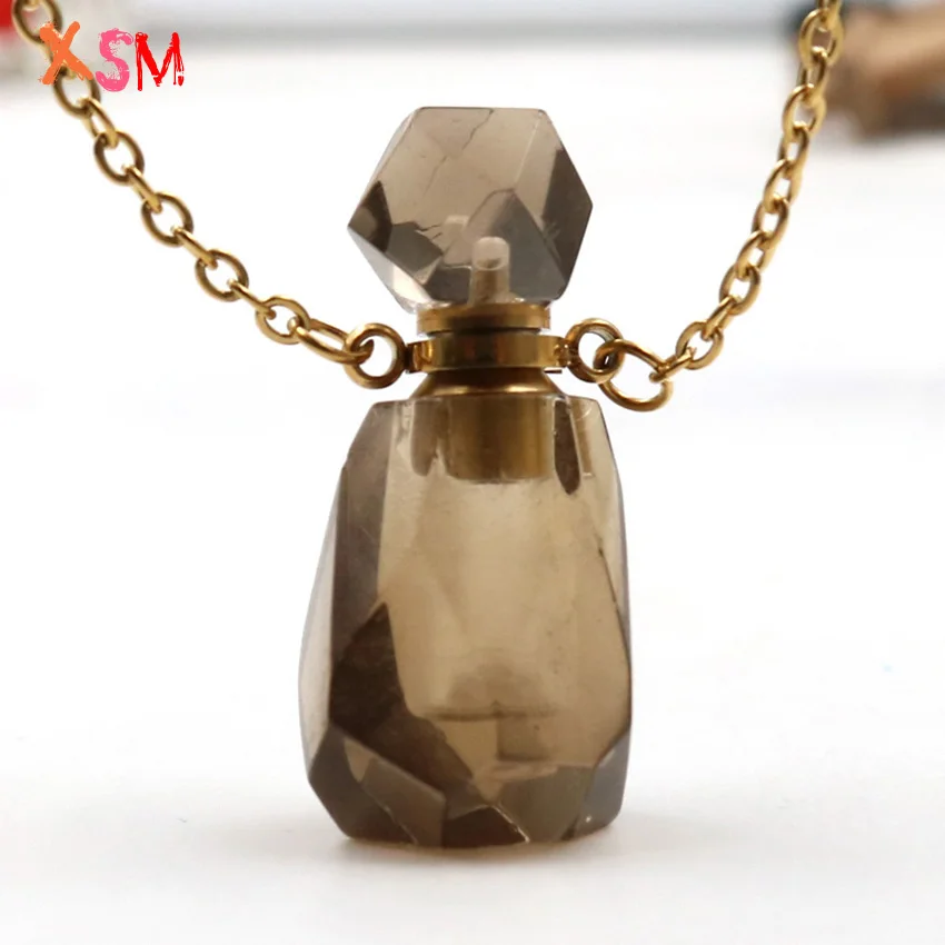 XSM Natural Citrines Pendant Essential Oil Jar Perfume Bottle Light Yellow Gold Link Chain Necklace for Women Jewelry Making