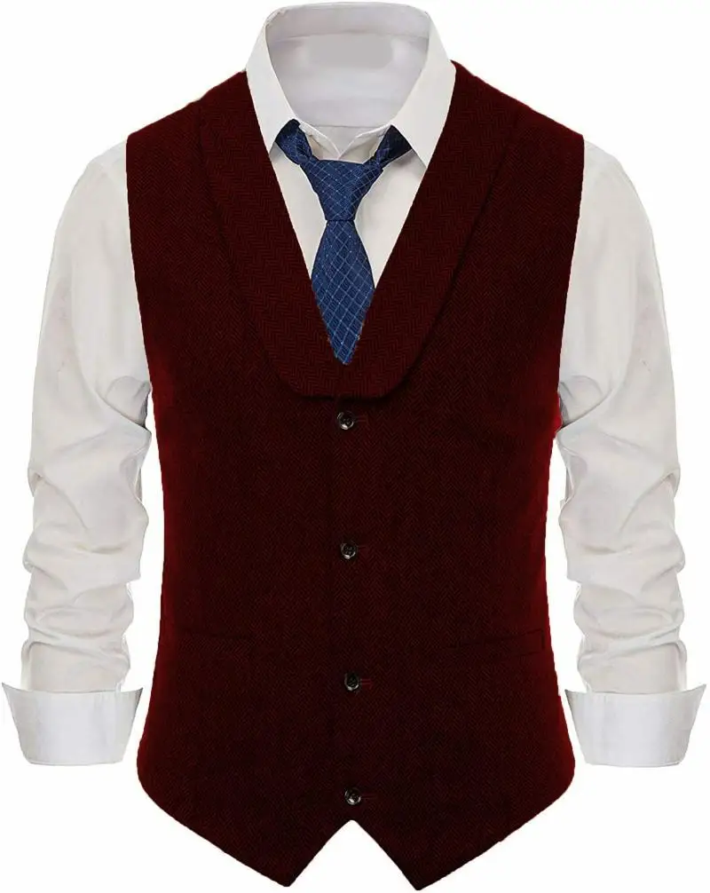 Men's Wool Slim Fit Leisure Cotton Suit Vest Gentleman Herringbone Pattern Waistcoat Beckham Business Brown Wedding Groom Vests | Мужская