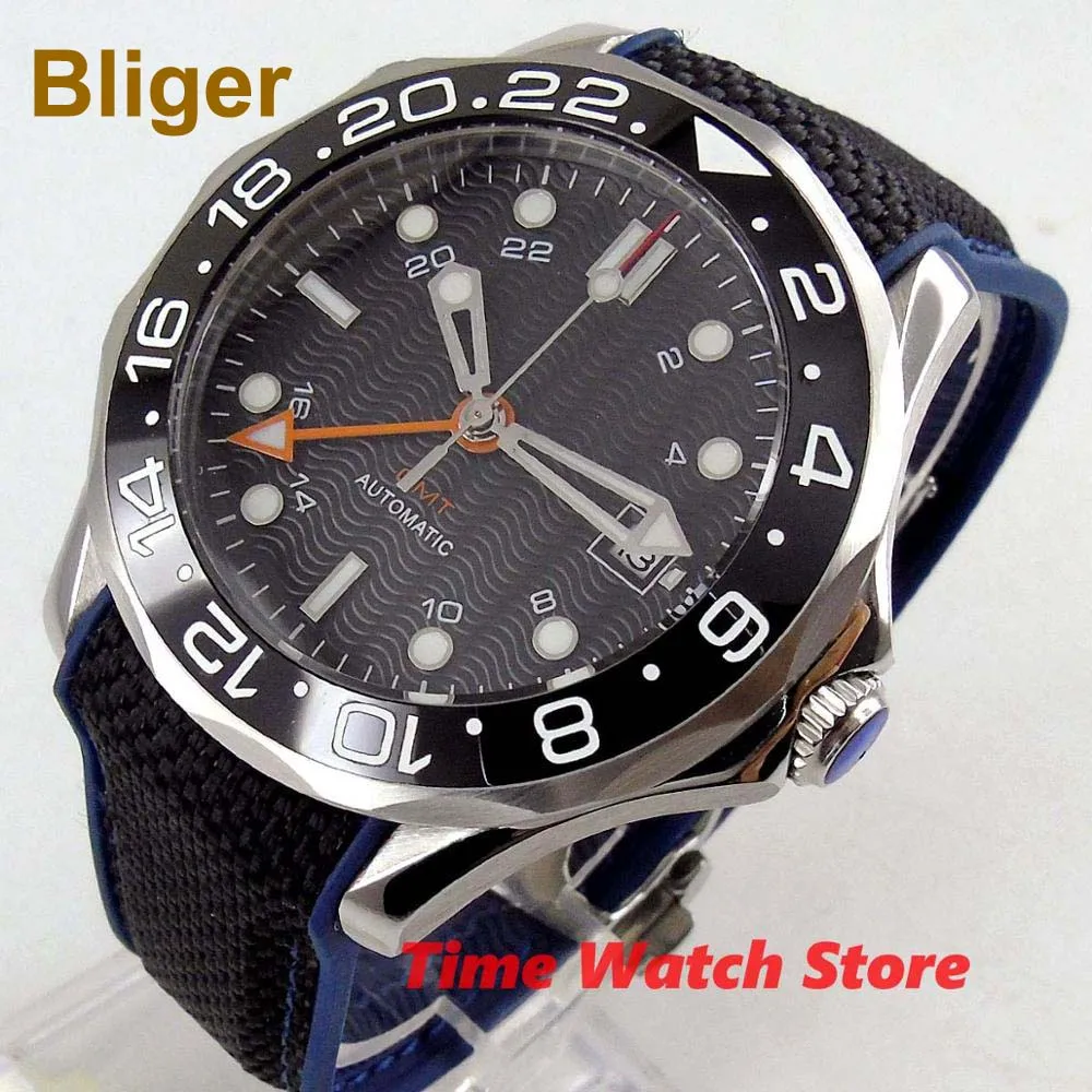 

Bliger 41mm GMT 3804 Automatic watch men waterproof black dial rubber canvas bracelet ceramic Bezel luminous sapphire glass
