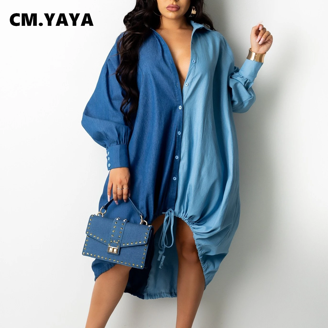 

CM.YAYA Women Patchwork Long Sleeve Denim Button Up Turn Down Neck Loose Blouses Style Dress Autumn Winter Irregular Dresses