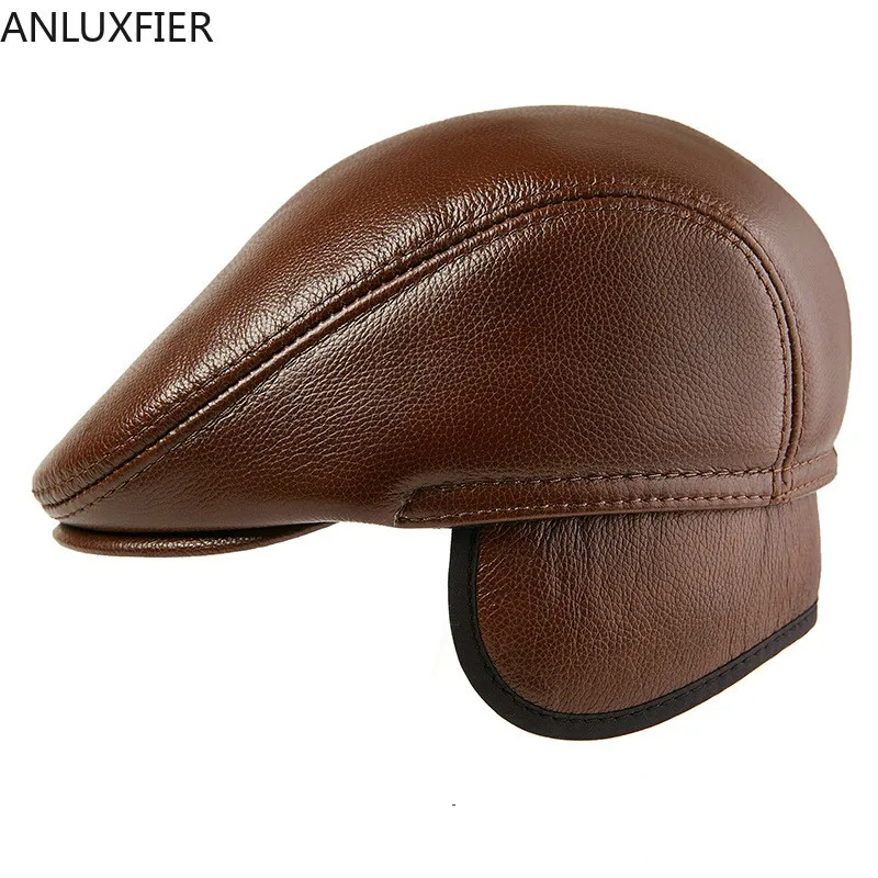 H7594 Genuine Leather Beret Hat Men Middle-aged Cowhide Warm Forward Berets Cap Male Autumn Winter Protection Ear Anti-cold Caps