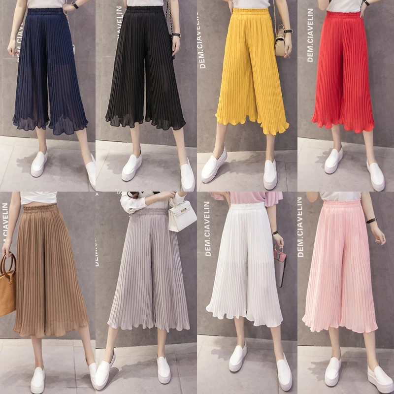 Женские шифоновые брюки с широкими штанинами однотонные высокой талией и