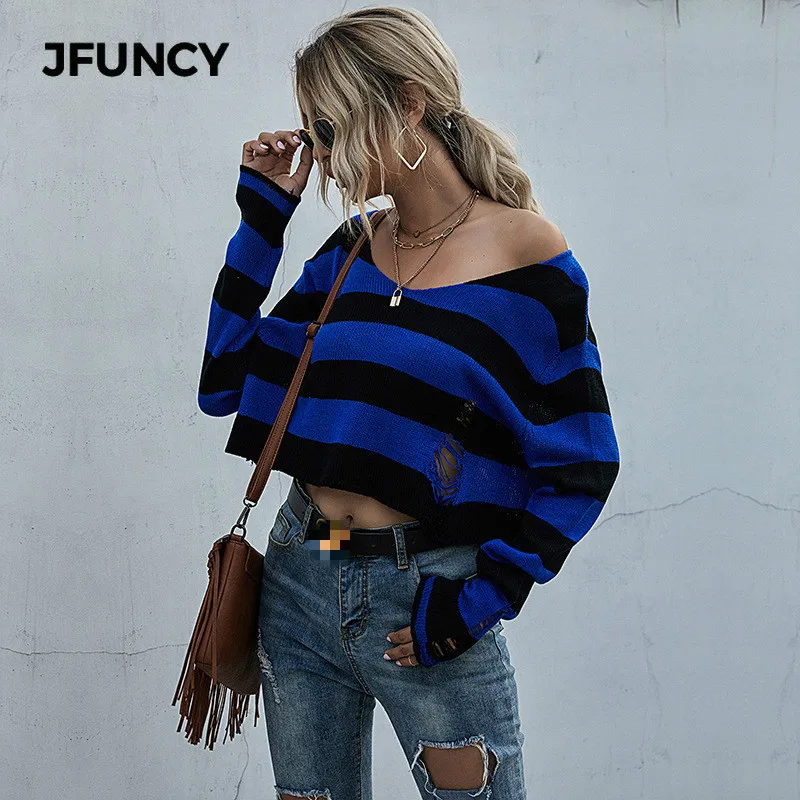 

JFUNCY 2020 Fall New Women's Striped Short Pullover Knitted Sweater Women Long Sleeve Sexy Ripped Short Sweater Knitwear