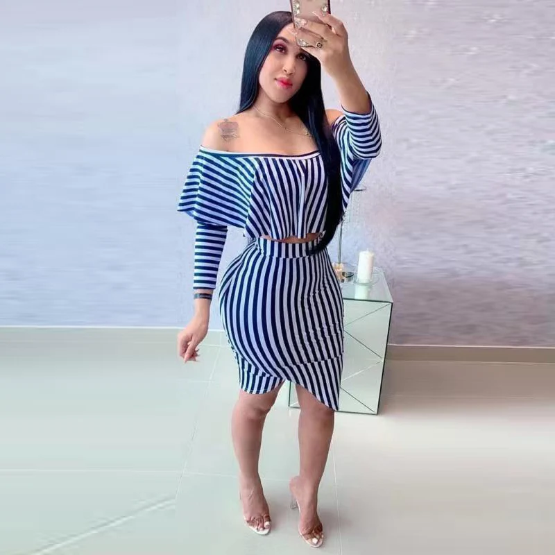 Autumn Women Set Full Hull Bushes Striped Print Crop Top Bodycon Short Skirt To Suit Two Pieces Set Training Suit