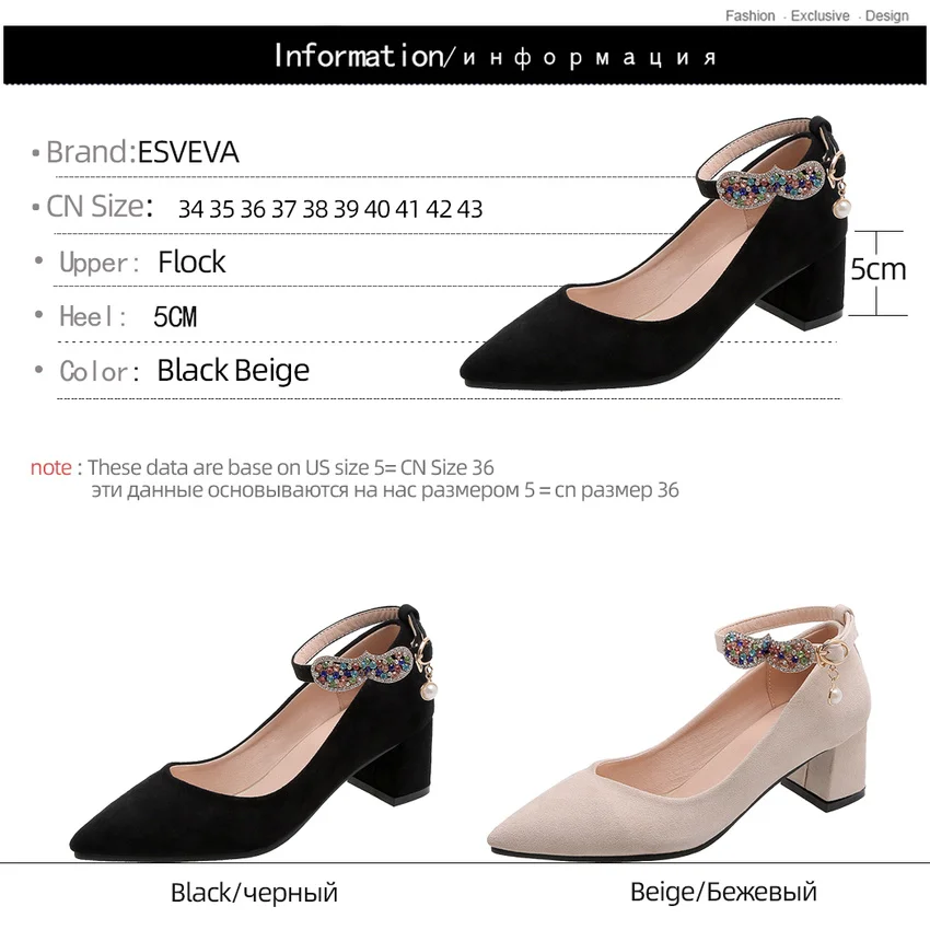 

ESVEVA 2020 Crystal Buckle Square Heel Shallow Ladies Single Shoes Sexy Pointed Toe Flock Spring Autumn Women Pumps Size 34-43