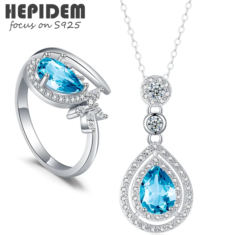 

HEPIDEM 100% Topaz 925 Jewelry Sets for Women S925 Sterling Silver 2022 New Trend Korean Natural Blue Stone Necklace Rings 7005