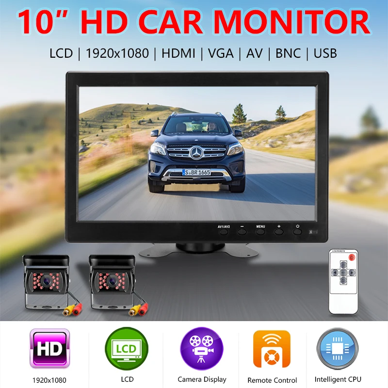 10 inch Car Monitor IPS Display with VGA HDMI USB interface Cameras Reverse Image Flip 2 Channel Security Paking System | Автомобили и