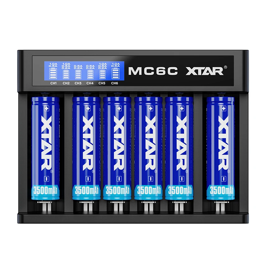 XTAR MC6C Зарядное устройство Micro USB постоянный ток Вход 6 слот ЖК дисплей умный литий