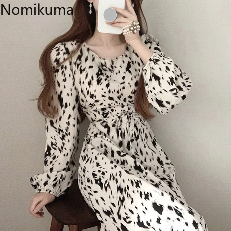 Платье Nomikuma с пышными рукавами и леопардовым принтом женские облегающие