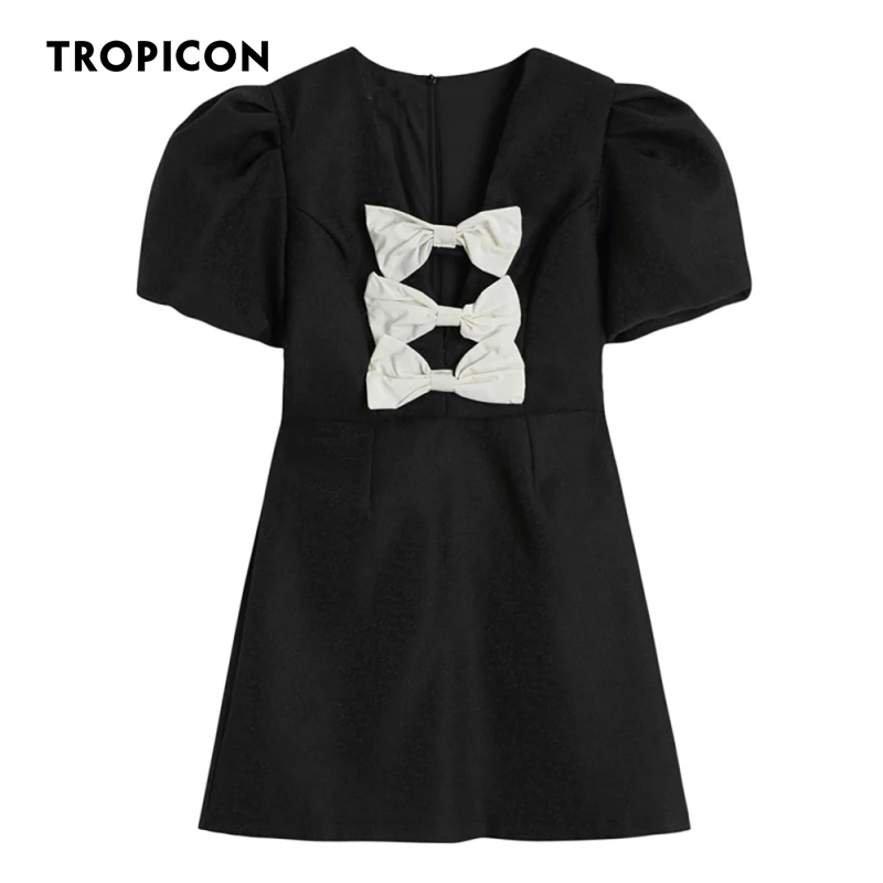 

Винтажное летнее платье с пышными рукавами TROPICON, женское Мини-Платье трапециевидного силуэта с коротким рукавом и V-образным вырезом, корей...