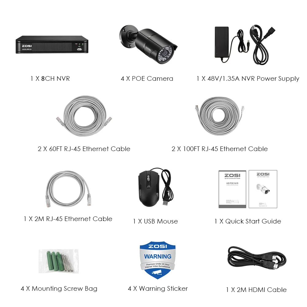 ZOSI 8 канальный 1080P POE CCTV система NVR комплект 4 шт. 2 МП Водонепроницаемая пуля наружная IP камера P2P Onvif безопасности