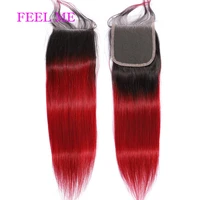 FeelMe 34PCS Ombre Bundles With Closure Brazilian Straight Human Hair Bundles With Closure T1b27 Remy Hair Weave Extensions
