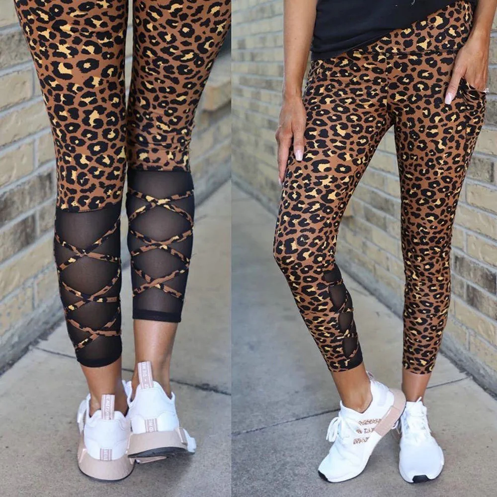 

Женские брюки-карандаш с леопардовым принтом, сетчатые облегающие брюки с высокой талией и перекрестными лямками, лето 2020