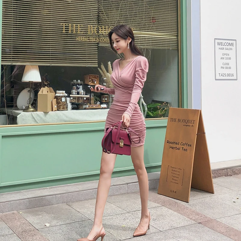 

COIGARSAM Fashion Women dress New Spring Sexy V-Neck Dresses Pink 1982