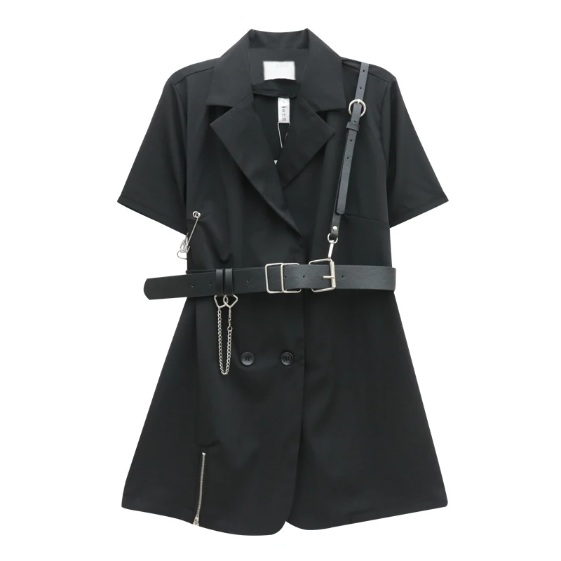 

BacklakeGirls 2020 Elegant Black Women's Lapel Collar Short Sleeve Double-breasted Suit Dress Frock Blouse Coat With Belt