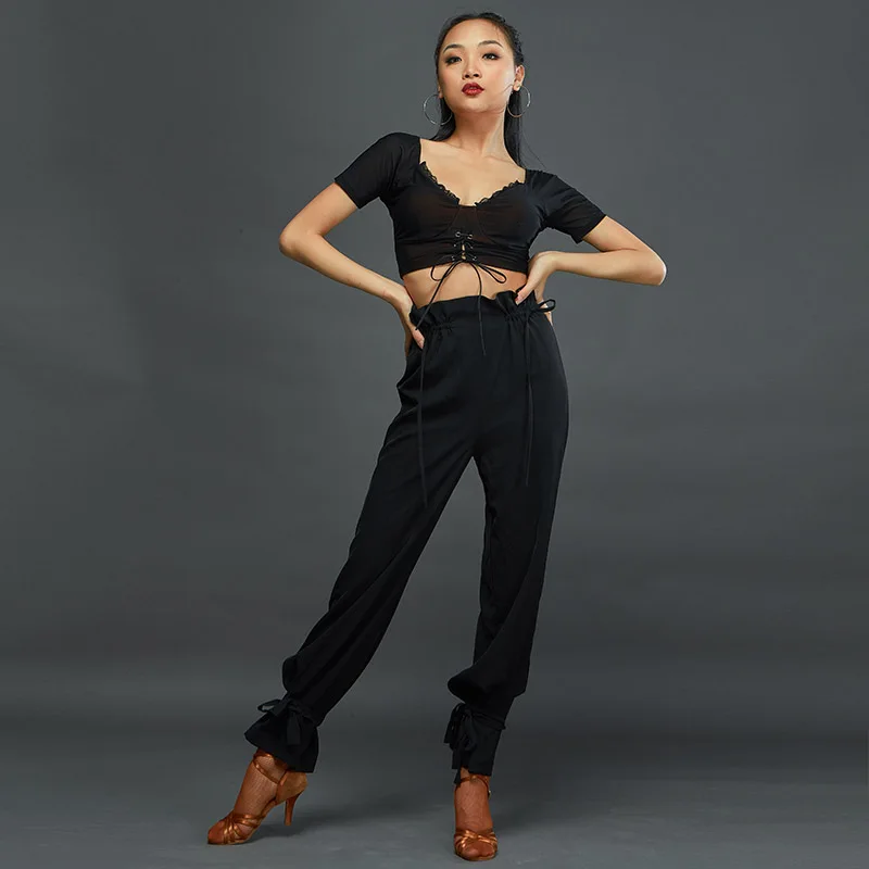 

Latin Dance Tops For Women Short Sleeve Sexy Black Practice Clothing Modern Standard Ballroom Dance Performance Shirt DWY4719