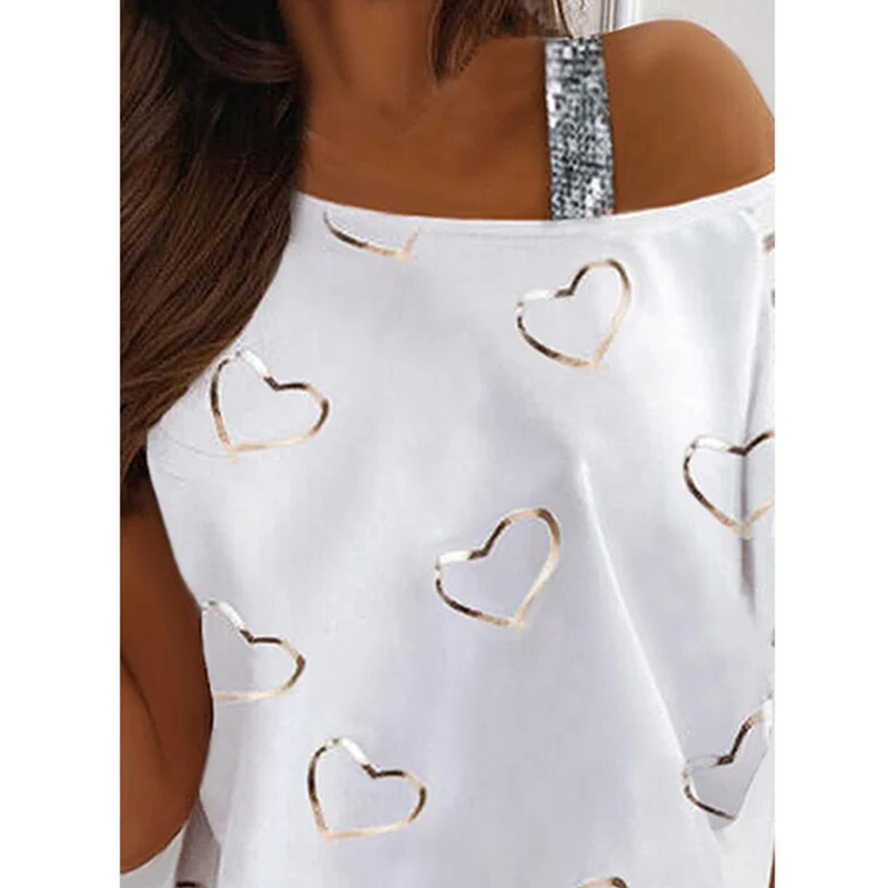 

Fashion Off Shoulder T Shirt Women Summer Casual Tops Sexy Sequined Short Sleeve Tees Floral Print Loose Ladies T-shirt