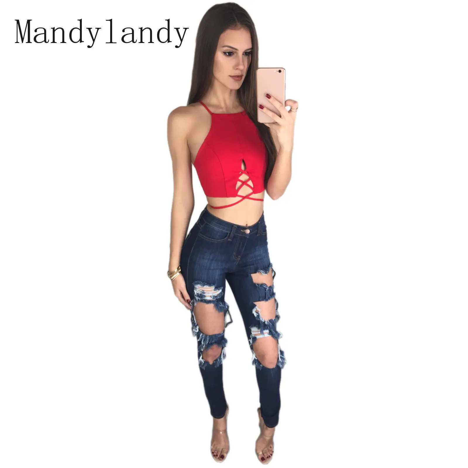 

Mandylandy Jeans Women's Ripped Hole Denim Pants Summer Solid Color Tassel High Waist Pocket Skinny Bleached Denim Pencil Pants