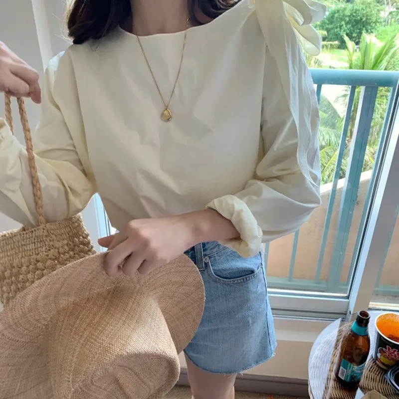 

HziriP 2019 Beige Bows Sweet Loose Solid Autumn Fashion High Quality Women Tops Office Ladies Chic Fresh Casual All Match Shirts