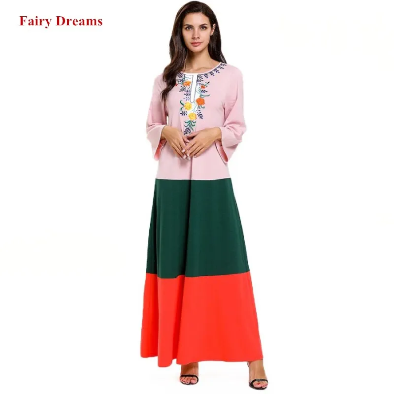 Женское длинное платье с вышивкой розовое в мусульманском стиле Дубайский халат